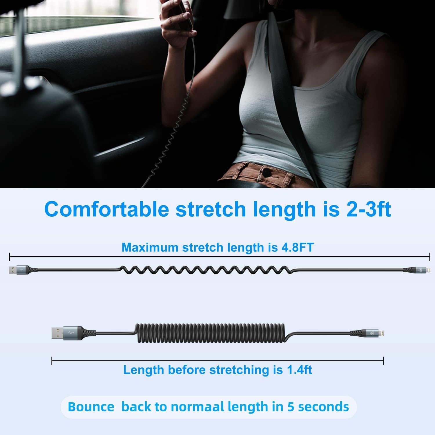 Coiled Lightning Cable, iPhone Charger Cable 3FT for Car, 2 Pack-Black